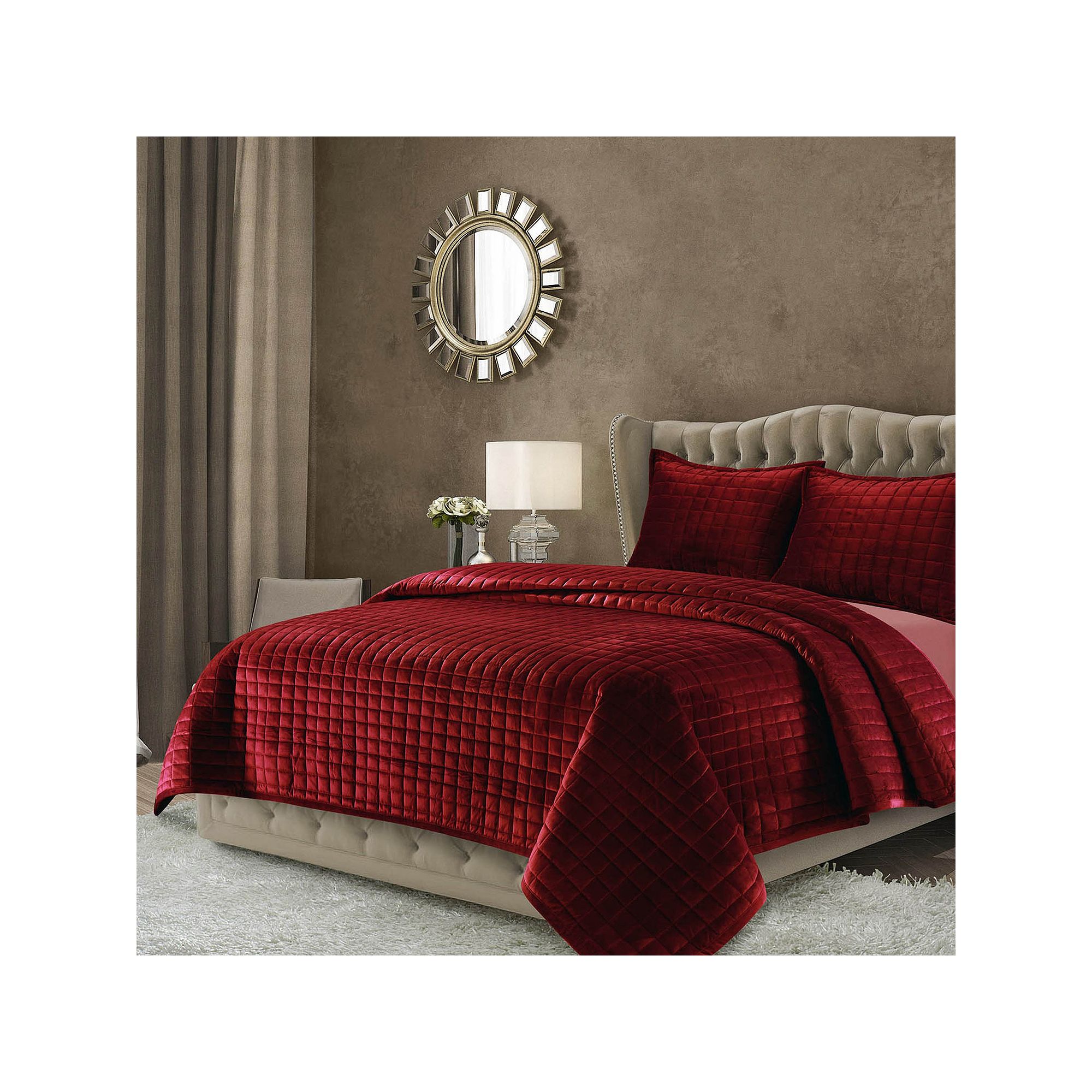 Tribeca Living Florence Velvet Oversized Solid Quilt Set, Dark Red