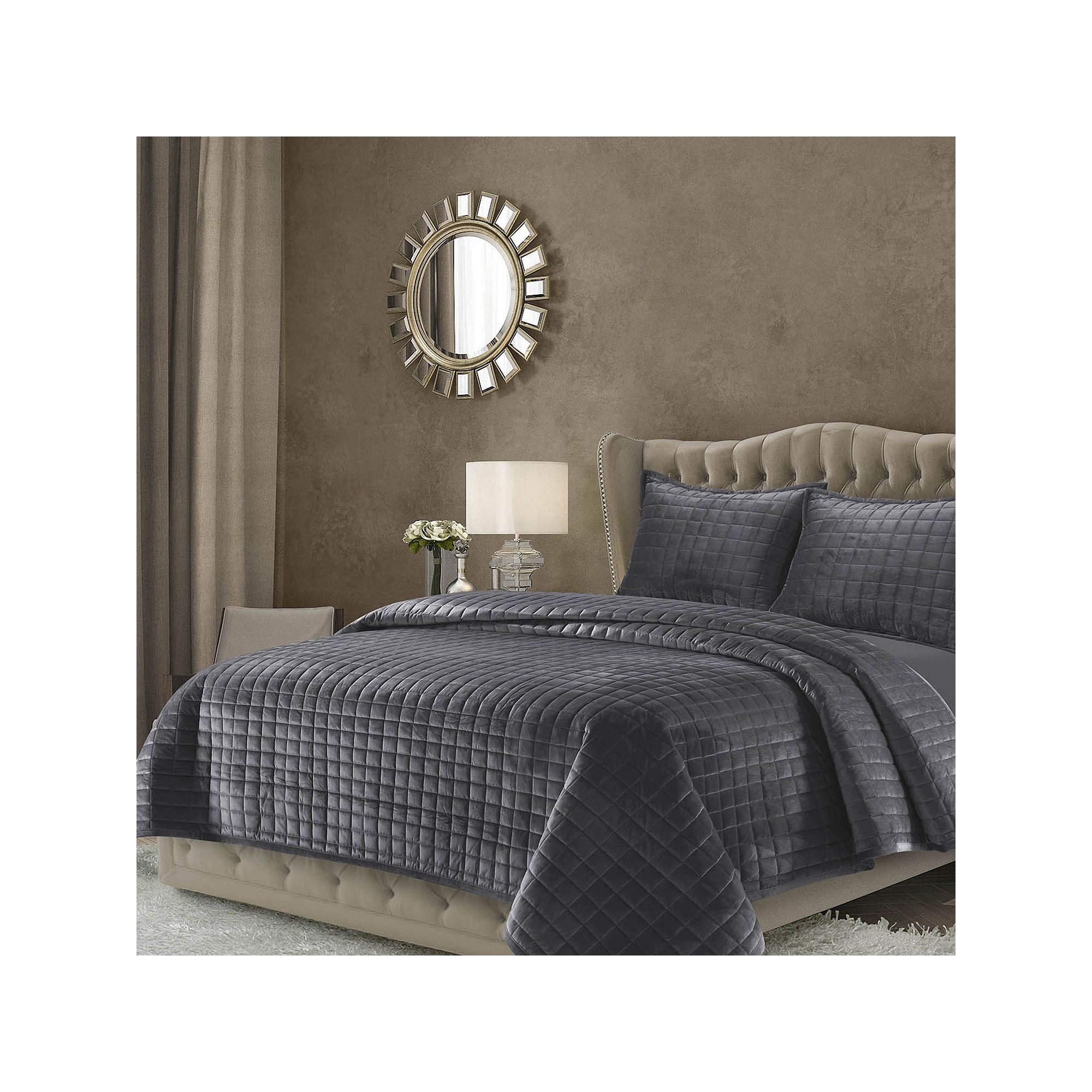 Tribeca Living Florence Velvet Oversized Solid Quilt Set, Gray
