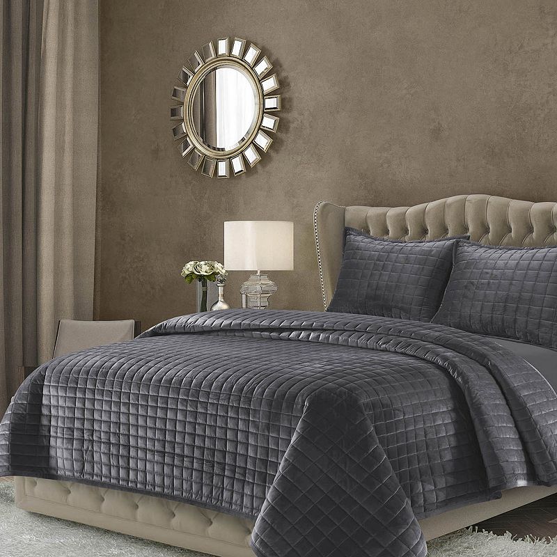 Tribeca Living Florence Velvet Oversized Solid Quilt Set, Med Grey, Full/Qu