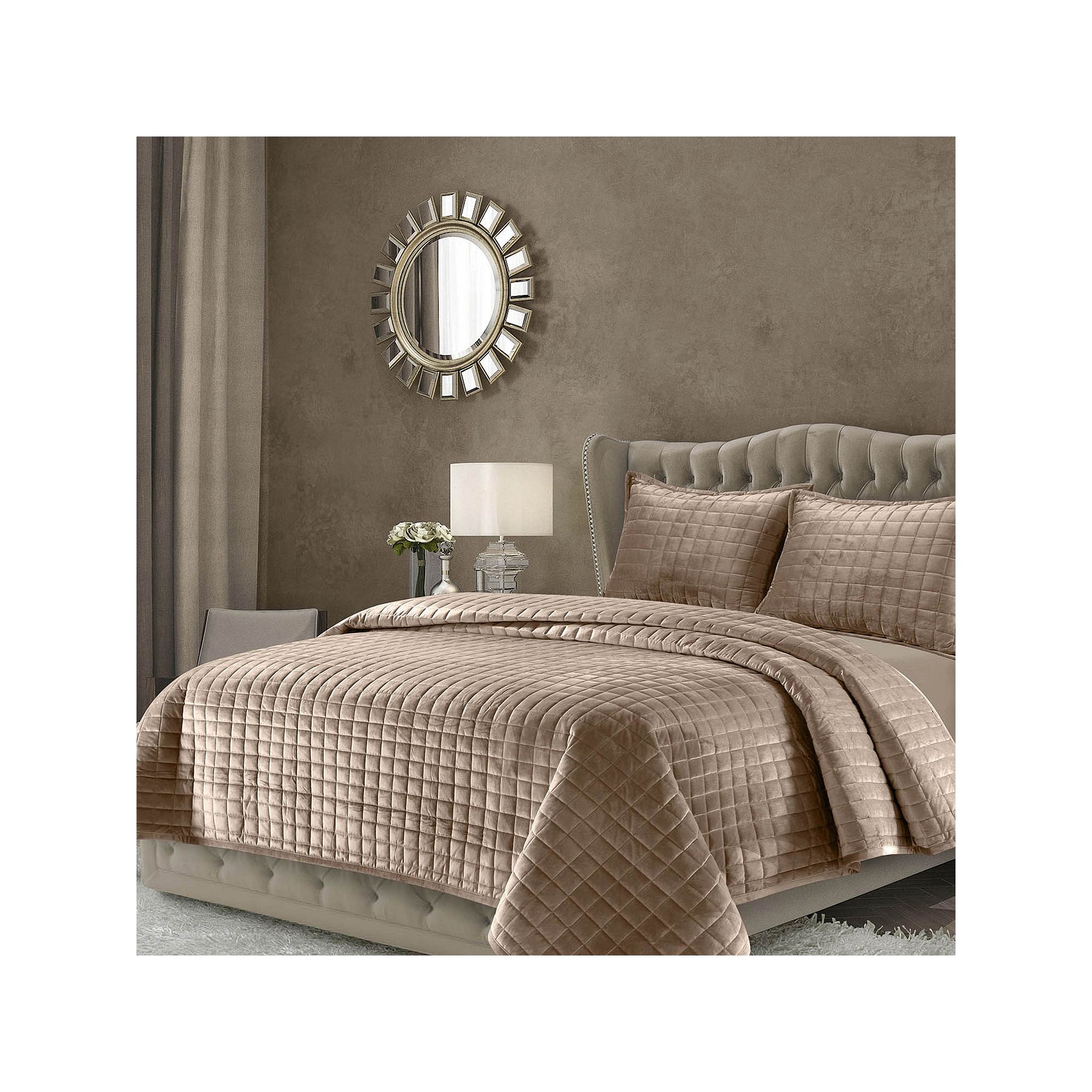 Tribeca Living Florence Velvet Oversized Solid Quilt Set, Medium Beige
