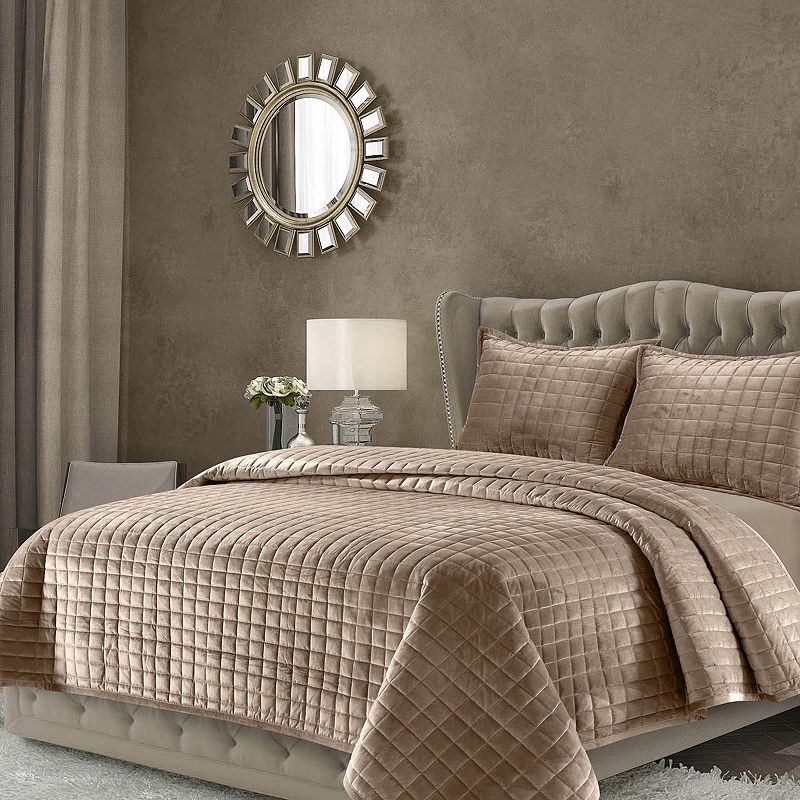 3pc King Florence Velvet Oversized Quilt Set Taupe - Tribeca Living