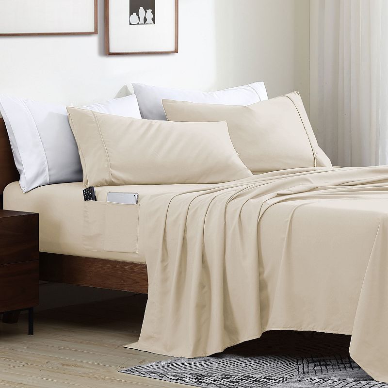 Swift Home Storage Pocket Smart Sheet Set, Med Beige, Full