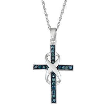 Jewelexcess Sterling Silver 1/10 Carat T.W. Blue Diamond Infinity Cross Pendant Necklace