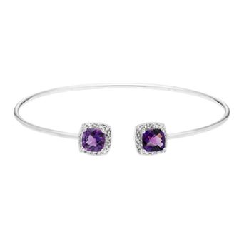 The Regal Collection Sterling Silver Amethyst & White Topaz Cushion Halo Cuff Bracelet