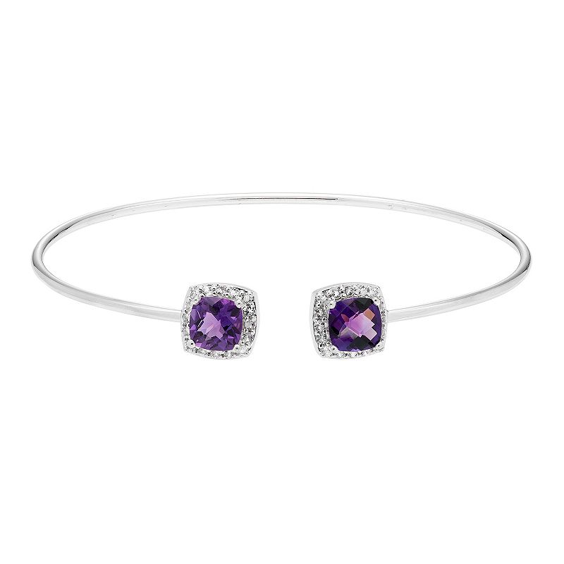 Sterling Silver Amethyst & White Topaz Cushion Halo Cuff Bracelet, Womens