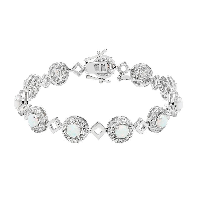 Sterling Silver Lab-Created Opal & White Sapphire Halo Link Bracelet, Wome