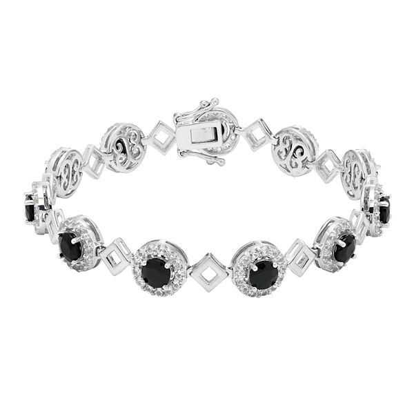 Sterling Silver Onyx & Lab-Created White Sapphire Halo Link Bracelet