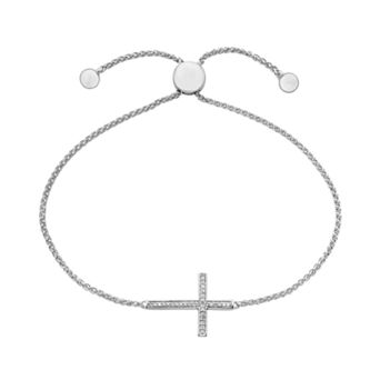 Sterling Silver 1/10 Carat T.W. Diamond Sideways Cross Bolo Bracelet