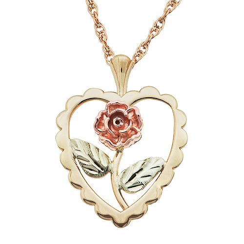 Black Hills Gold Tri-Tone Flower Heart Pendant Necklace