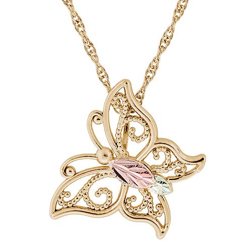 Black Hills Gold Tri-Tone Openwork Butterfly Pendant Necklace