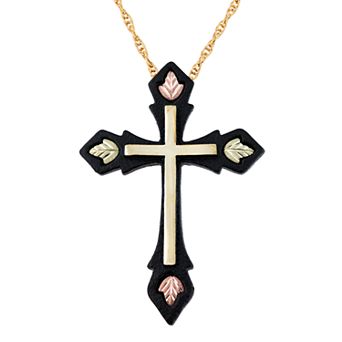 Black Hills Gold Tri-Tone Black Powder Coat Cross Pendant Necklace