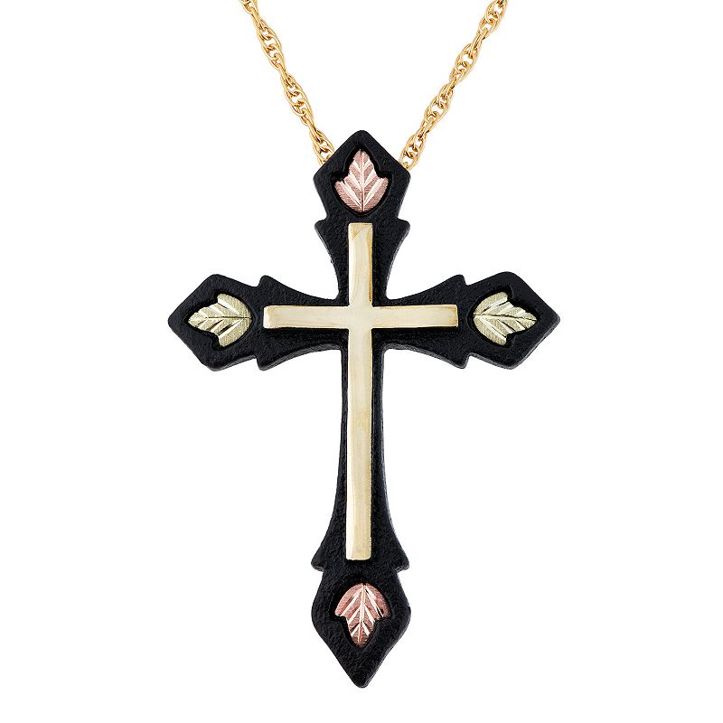 Black Hills Gold Tri-Tone Black Powder Coat Cross Pendant Necklace, Women