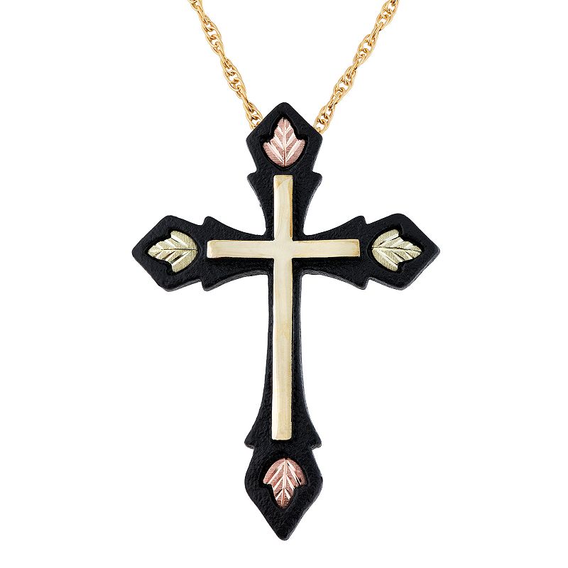 Black Hills Gold Tri-Tone Black Powder Coat Cross Pendant Necklace, Women's, Size: 18", 10k Gold