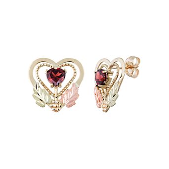 Black Hills Gold Tri-Tone Garnet Heart Stud Earrings