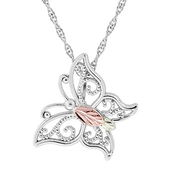 Black Hills Gold Tri-Tone Openwork Butterfly Pendant Necklace in Sterling Silver