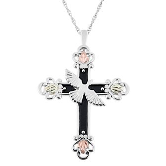 Black Hills Gold Tri-Tone Dove & Cross Pendant Necklace in Sterling Silver