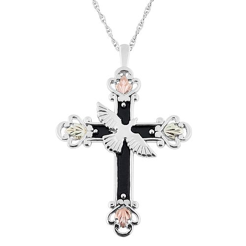 Black Hills Gold TriTone Dove & Cross Pendant Necklace in Sterling Silver