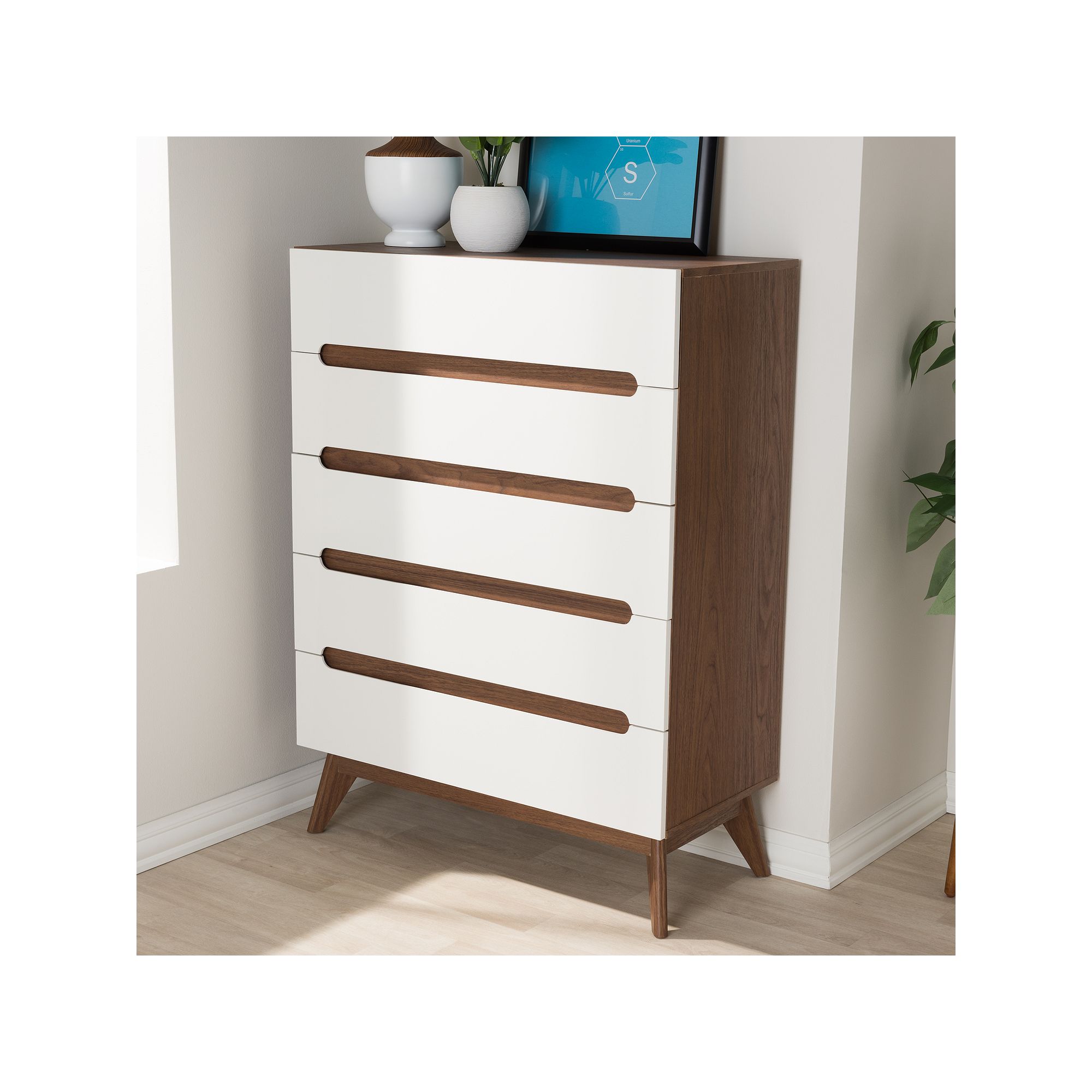 Baxton Studio Calypso Mid-Century 5-Drawer Dresser, White