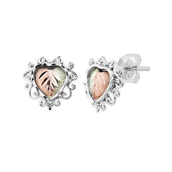 Black Hills Gold Tri-Tone Gold Filigree Stud Earrings in Sterling Silver