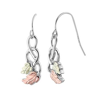 Black Hills Gold Tri-Tone Leaf Drop Earrings in Sterling Silver