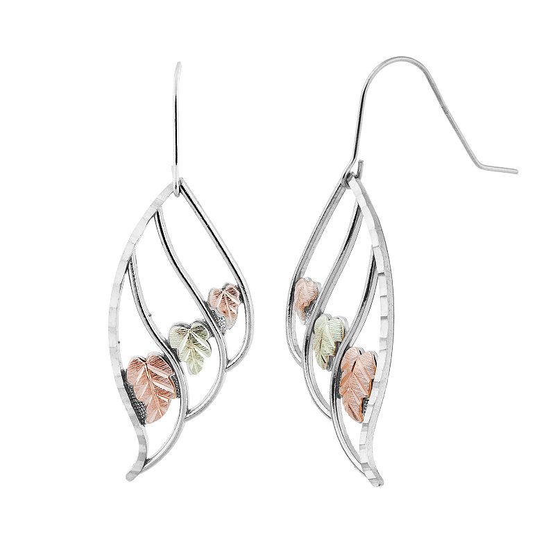 Black Hills Gold Tri-Tone Openwork Leaf Drop Earrings in Sterling Silver, W