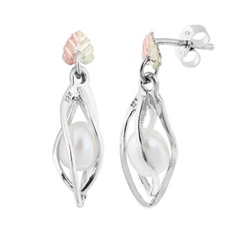 Black Hills Gold Tri-Tone Freshwater Cultured Pearl Drop Earrings in Sterling Silver