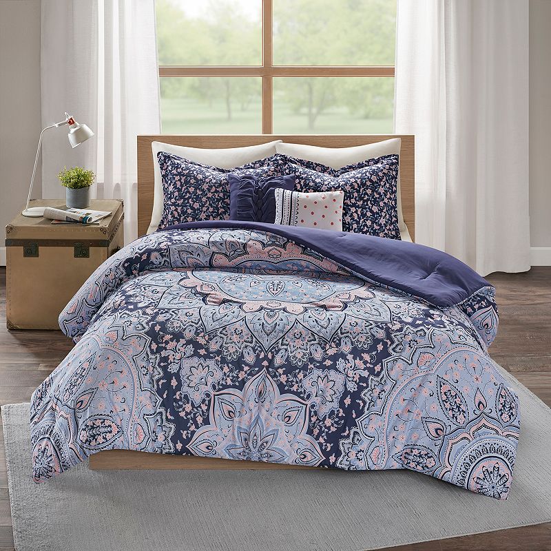 Intelligent Design Skye Boho Comforter Set with Throw Pillows, Blue, Twin