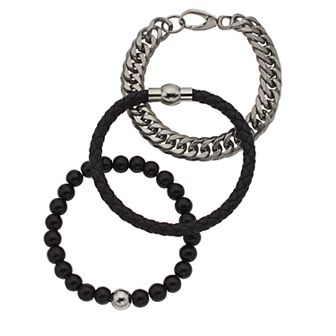 Men's Stainless Steel Black Glass Beaded, Leather & Curb Chain Bracelet Set