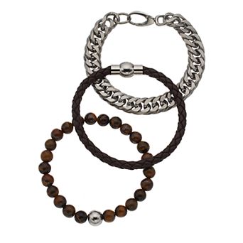 Men's Stainless Steel Lab-Created Tiger's-Eye Beaded, Leather & Curb Chain Bracelet Set
