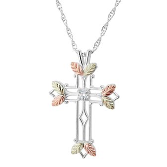 Black Hills Gold Tri-Tone Openwork Cross Pendant Necklace in Sterling Silver