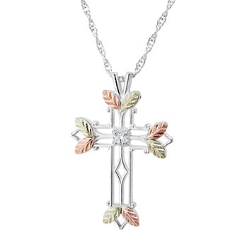 Black Hills Gold Tri-Tone Openwork Cross Pendant Necklace in Sterling Silver