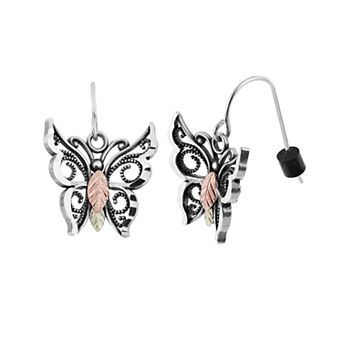 Black Hills Gold Tri-Tone Butterfly Drop Earrings in Sterling Silver