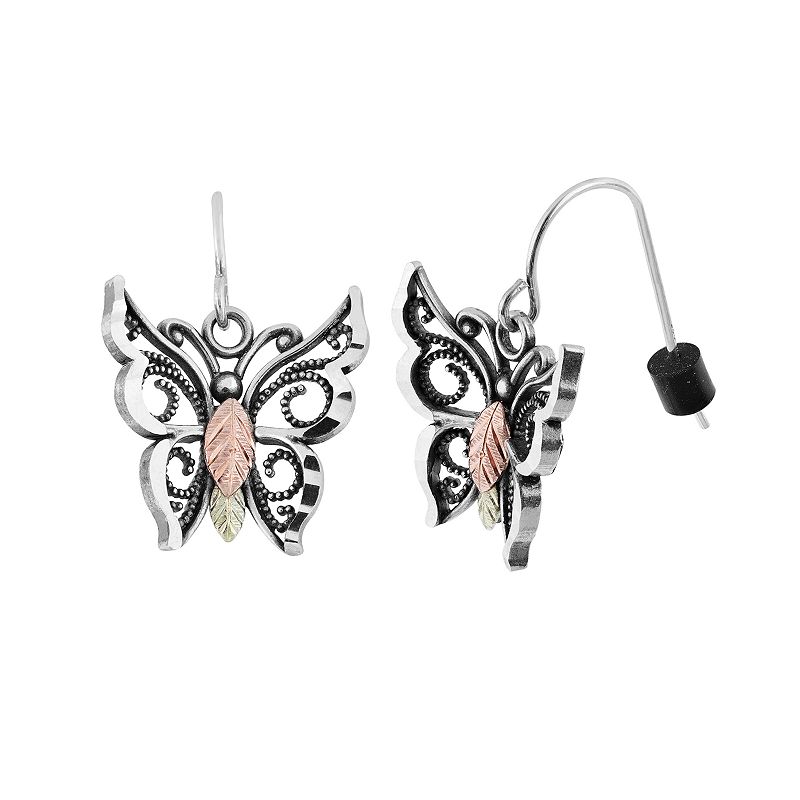 Black Hills Gold Tri-Tone Butterfly Drop Earrings in Sterling Silver, Women