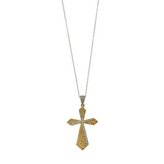 Two Tone Sterling Silver Cubic Zirconia Double Cross Pendant Necklace