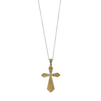 Two Tone Sterling Silver Cubic Zirconia Double Cross Pendant Necklace