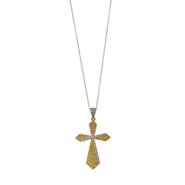 Two Tone Sterling Silver Cubic Zirconia Double Cross Pendant Necklace
