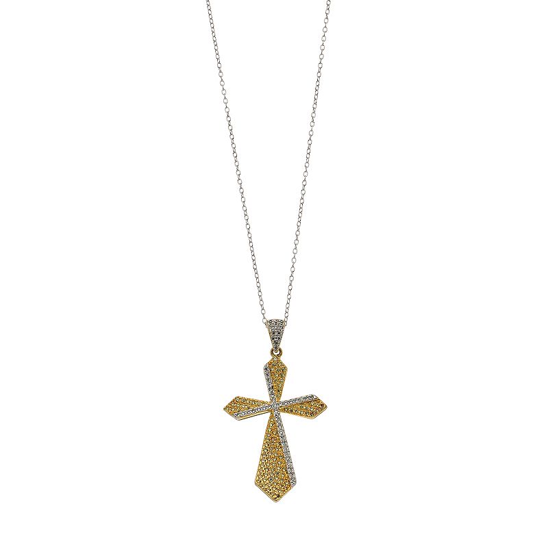 Two Tone Sterling Silver Cubic Zirconia Double Cross Pendant Necklace, Wom