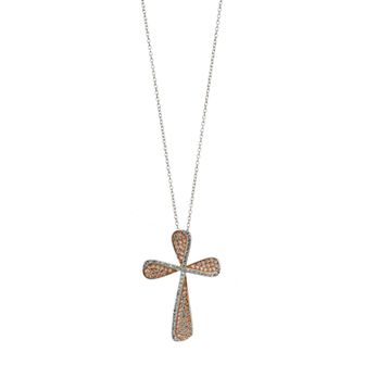 Two Tone Sterling Silver Cubic Zirconia Double Cross Pendant Necklace