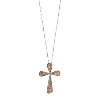 Two Tone Sterling Silver Cubic Zirconia Double Cross Pendant Necklace