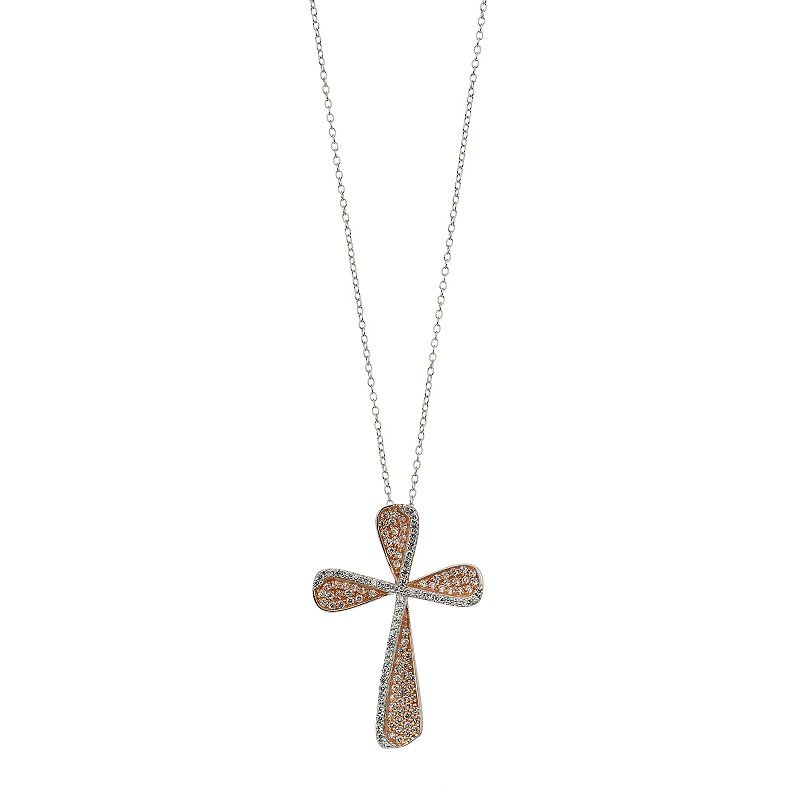 Two Tone Sterling Silver Cubic Zirconia Double Cross Pendant Necklace, Wom