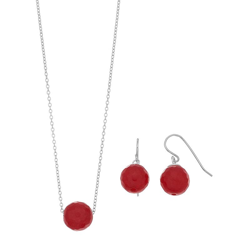 Sterling Silver Agate Bead Necklace & Earring Set, Womens, Red