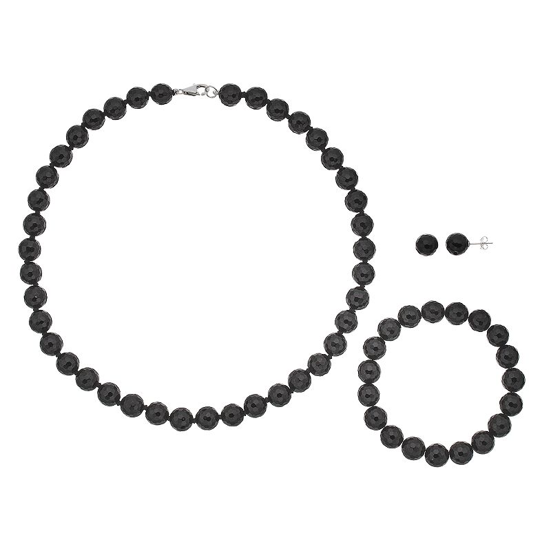 Sterling Silver Agate Bead Necklace Bracelet & Earring Set, Womens, Black