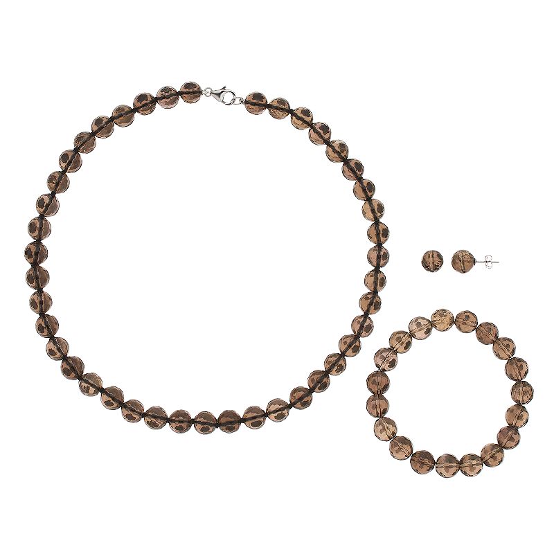 Sterling Silver Agate Bead Necklace Bracelet & Earring Set, Womens, Brown