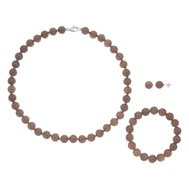 Sterling Silver Agate Bead Necklace Bracelet & Earring Set, Womens, Grey