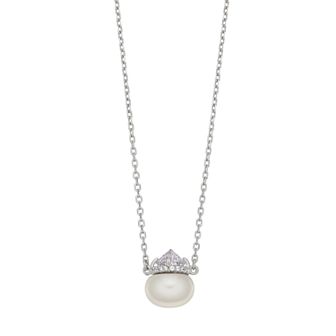 Sterling Silver Freshwater Cultured Pearl & Cubic Zirconia Crown Necklace