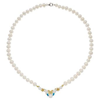 Sterling Silver Freshwater Cultured Pearl & Cubic Zirconia Flower Necklace