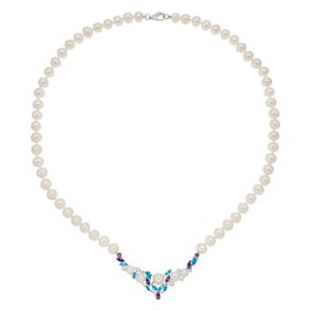 Sterling Silver Freshwater Cultured Pearl & Cubic Zirconia Necklace