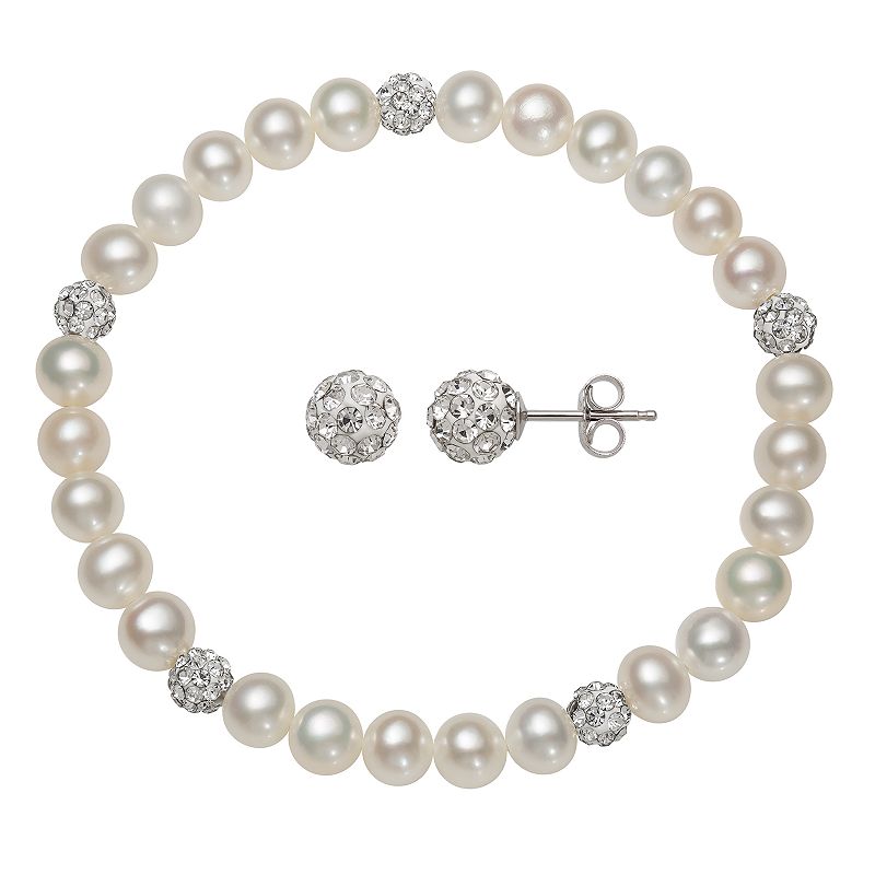 Kids Sterling Silver Freshwater Cultured Pearl & Crystal Stretch Bracelet 