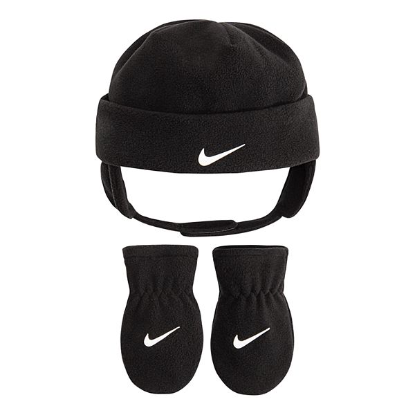 Baby Boy Nike Black Fleece Trapper Hat & Mittens Set