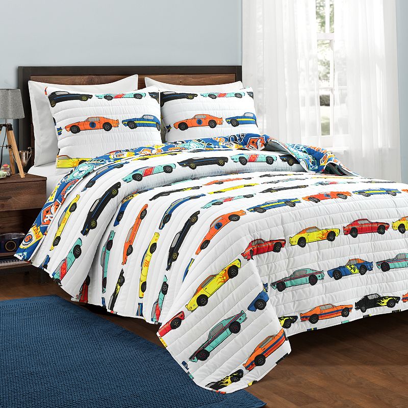 Lush Decor Race Cars Quilt Set, White, Twin